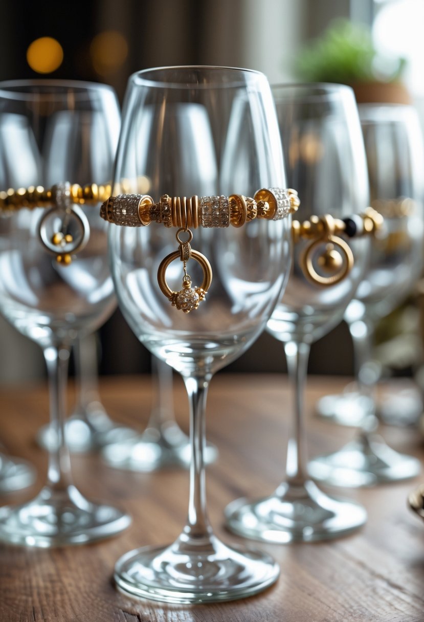 Close-up of wine glasses with handmade charms made from old wedding rings placed around the stems on a wooden table.