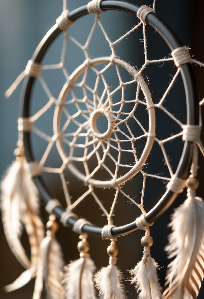 A handcrafted dreamcatcher made from old wedding rings with woven threads, beads, and feathers hanging from it.