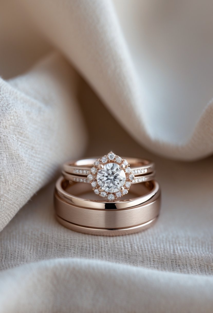 A wedding ring and engagement ring set displayed on a soft fabric background.