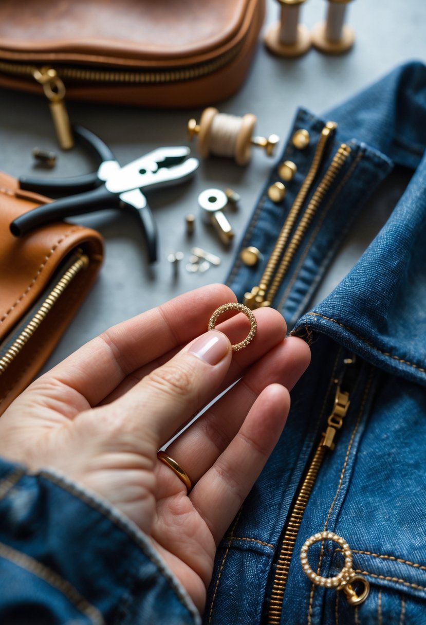 Close-up of a hand holding a zipper with an old wedding ring used as a zipper pull on a leather bag and a denim jacket.