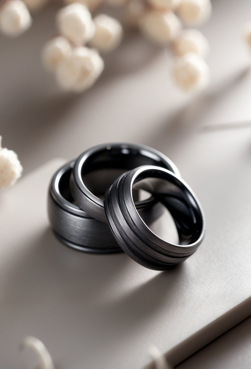 Close-up of two blackened silver wedding rings placed on a smooth surface with soft lighting.
