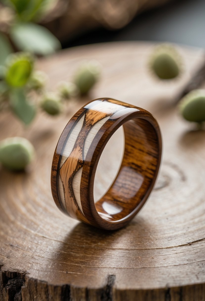 Close-up of a wedding ring with wood and resin inlay resting on a natural surface with greenery around it.