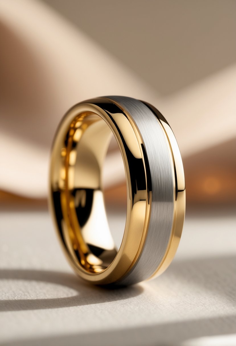 Close-up of a two-tone wedding band made of yellow and white gold placed on a neutral surface.