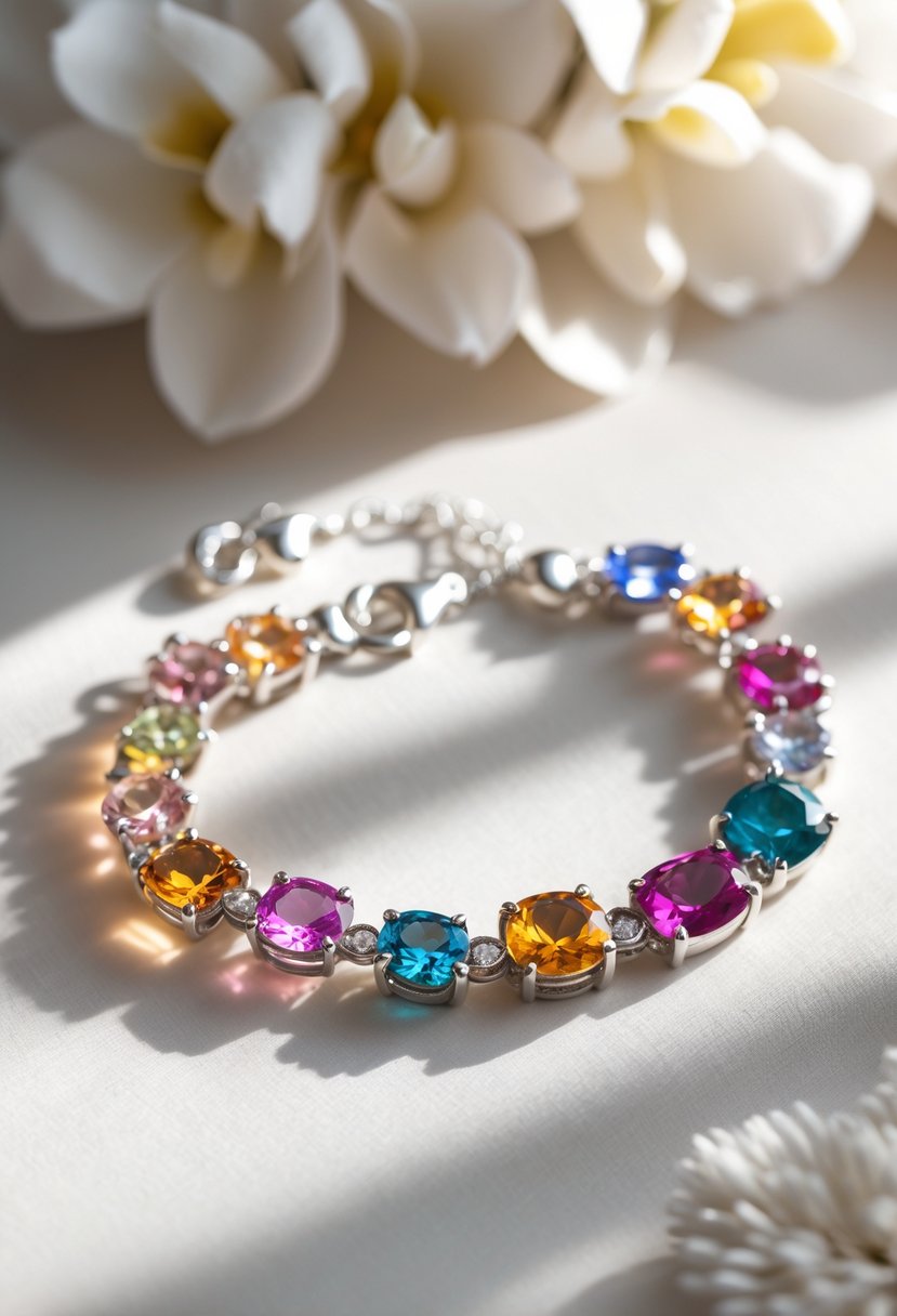 Close-up of a charm bracelet made from colorful gemstones repurposed from old wedding rings on a silver chain.