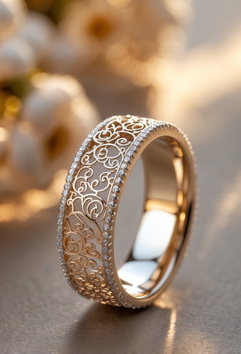 Close-up of a wedding ring with detailed filigree lacework on the band against a blurred background.