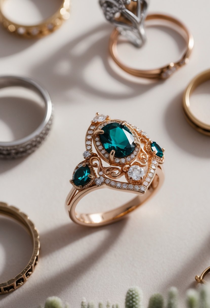 Close-up of an elegant ring surrounded by vintage wedding rings and design tools on a neutral background.