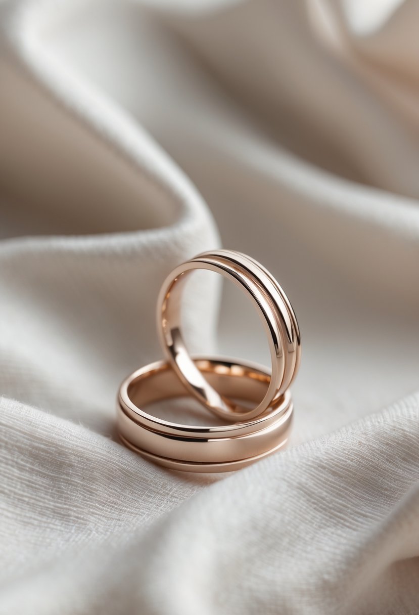 A close-up of two wedding rings on a soft fabric, one with a thinner, more comfortable band next to a classic thicker band.