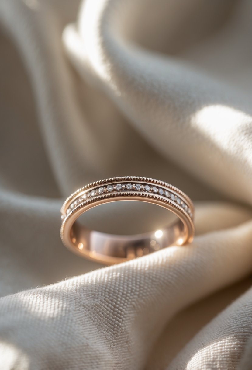 Close-up of an old wedding ring with detailed edges resting on soft fabric.