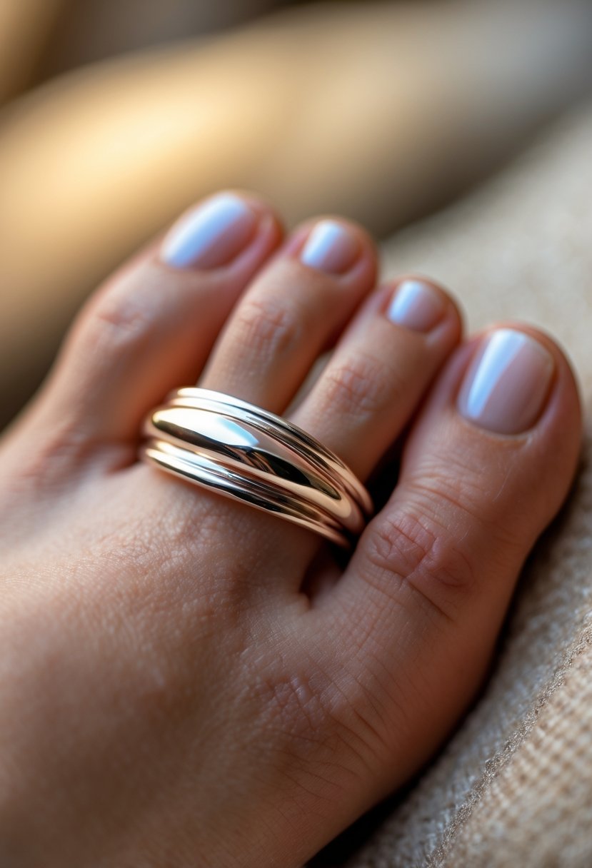 Close-up of a stylish toe ring worn on a toe, showcasing a polished metal band.