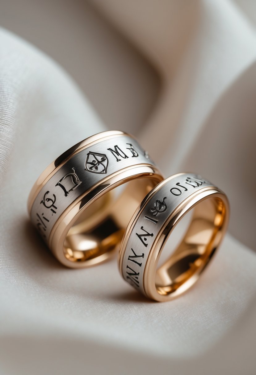 Close-up of two redesigned wedding rings with personalized symbols and initials on a neutral background.
