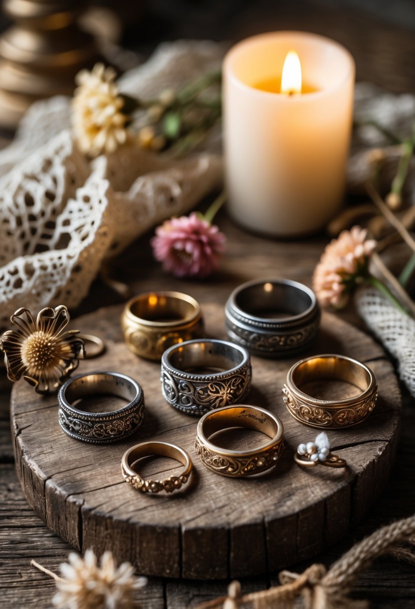 A collection of old wedding rings displayed on a wooden table with dried flowers, antique lace, and a candle in the background.
