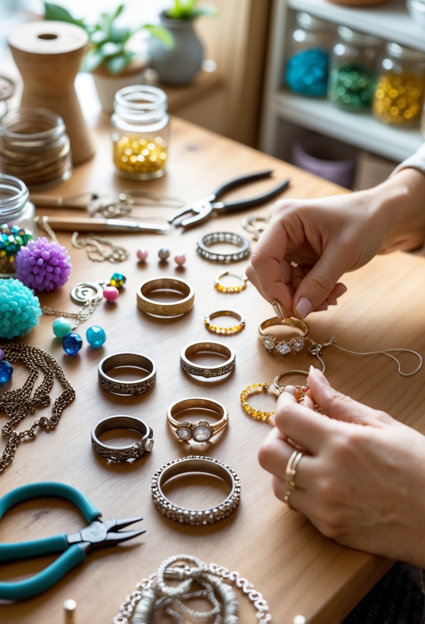 Hands crafting new jewelry pieces from old wedding rings on a wooden table with various craft tools and materials.