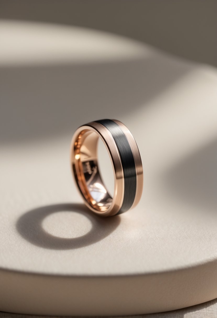 Close-up of a wedding ring with a band that has both matte and polished finishes placed on a smooth surface.