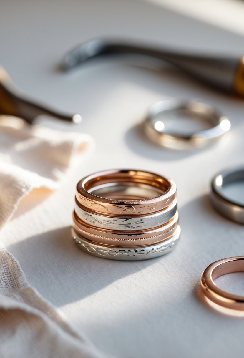 Close-up of custom stackable rings made from old wedding rings displayed with jewelry crafting tools on a neutral background.