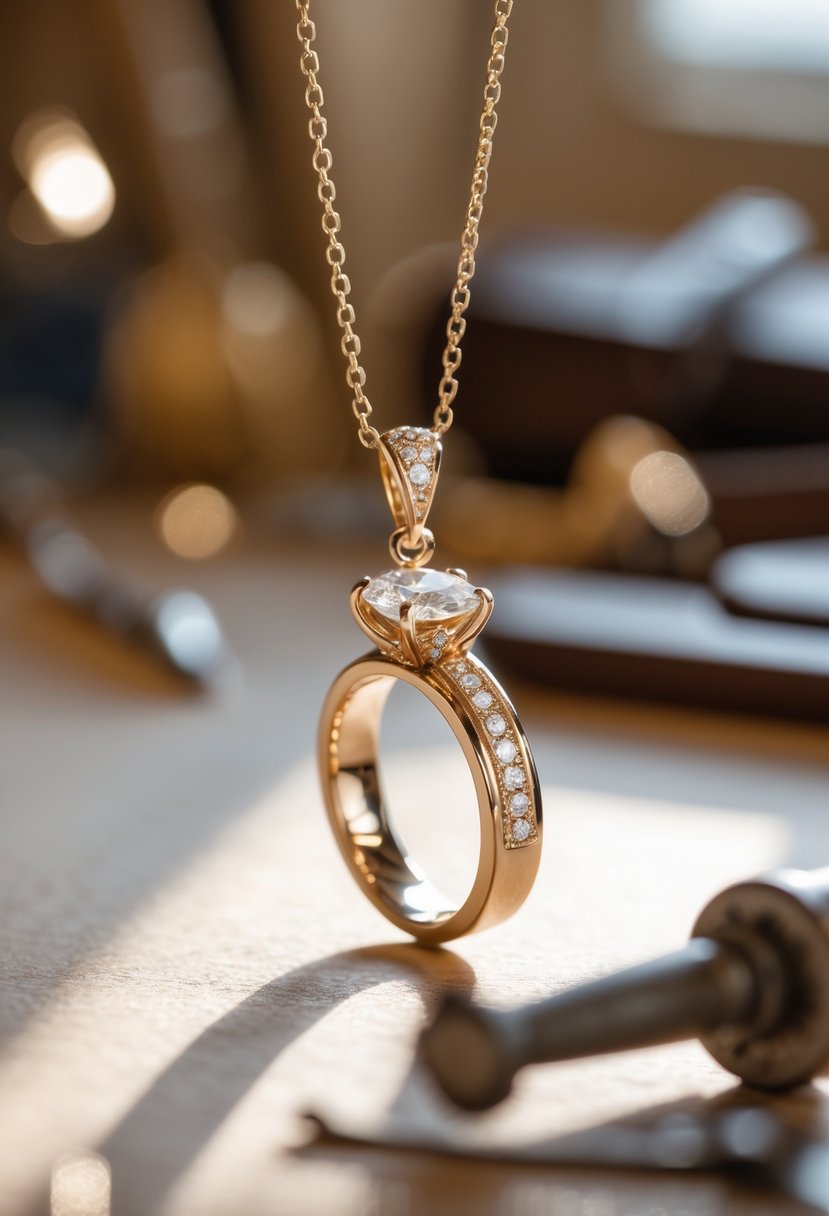 Close-up of a custom pendant necklace made from an old wedding ring, hanging on a fine chain with a blurred background.