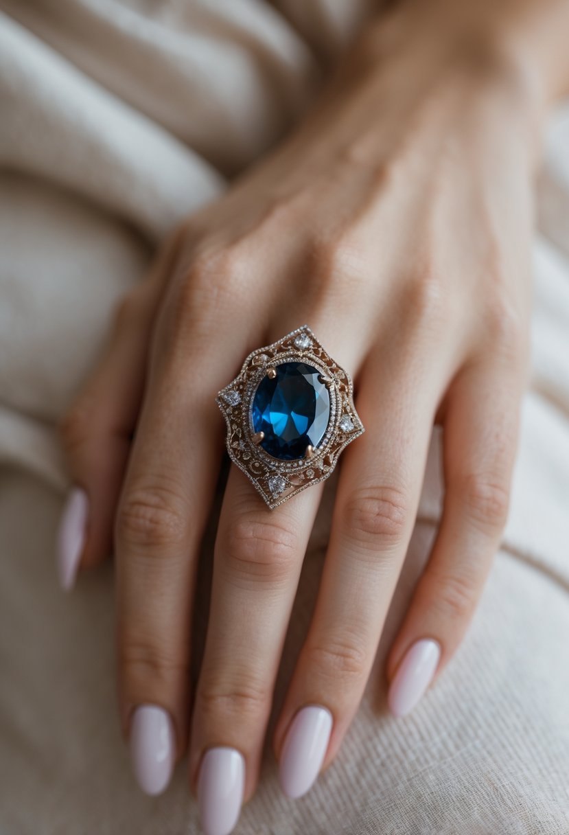 Close-up of a woman's hand wearing a large, decorative cocktail ring with a prominent gemstone.