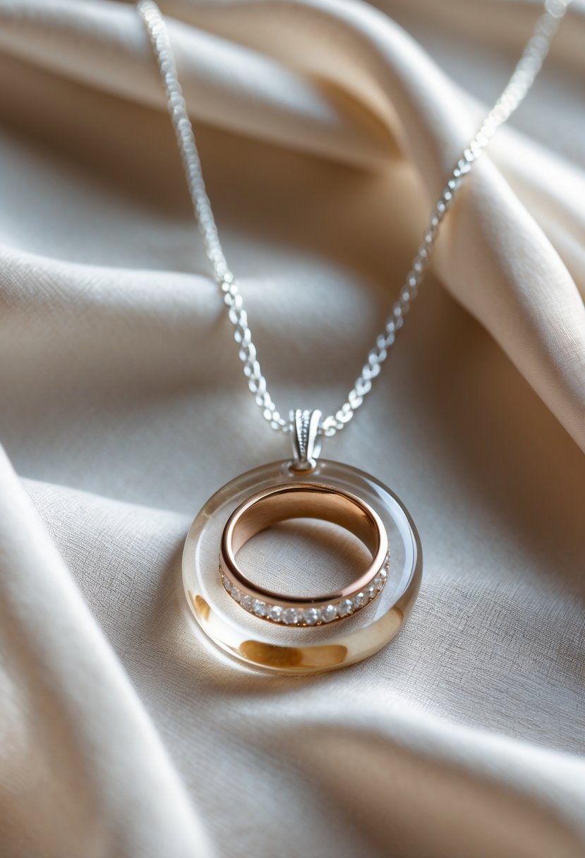 A pendant necklace with an old wedding ring embedded in clear resin on a silver chain lying on soft fabric.