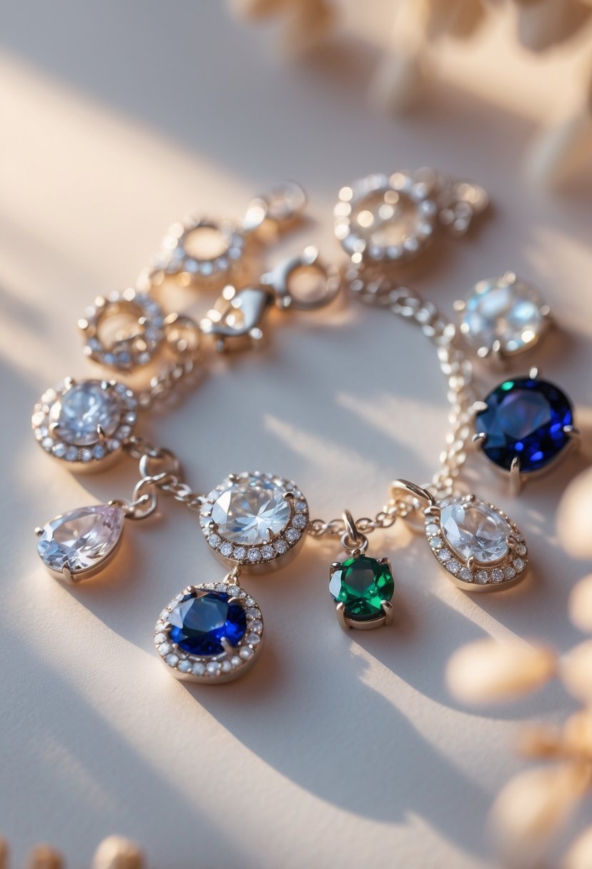 Close-up of a charm bracelet made from old wedding ring stones, with various sparkling gemstones hanging from a silver chain.