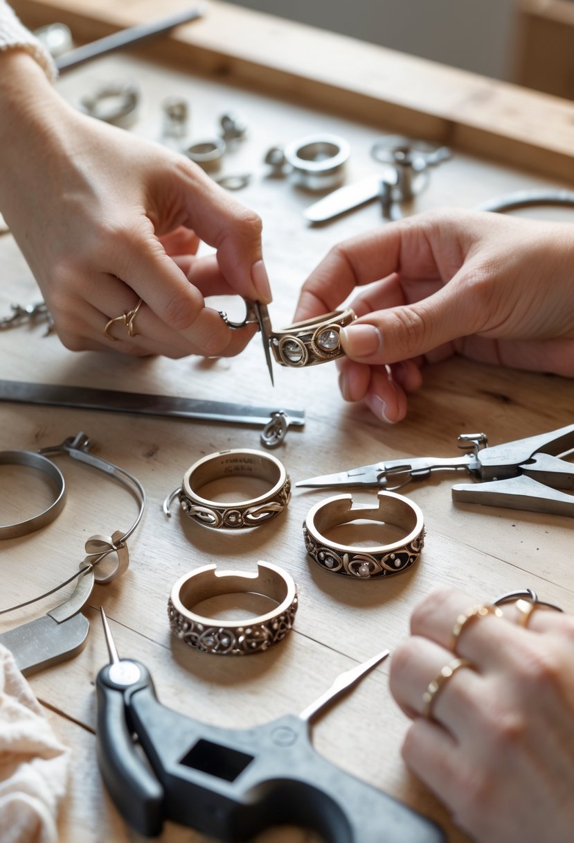 Hands crafting unique earrings by cutting old wedding rings on a wooden workbench with jewelry tools.