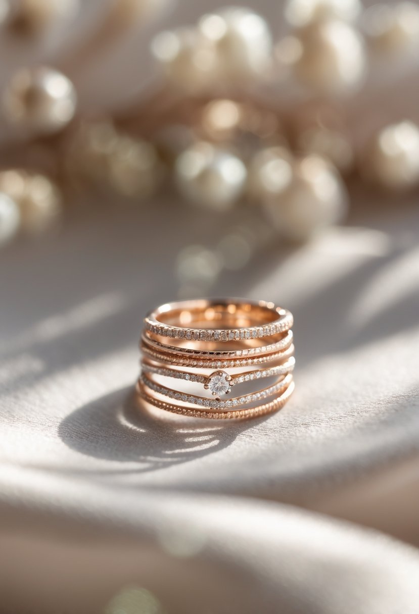 Close-up of delicate stackable rings arranged on a soft surface with natural lighting.