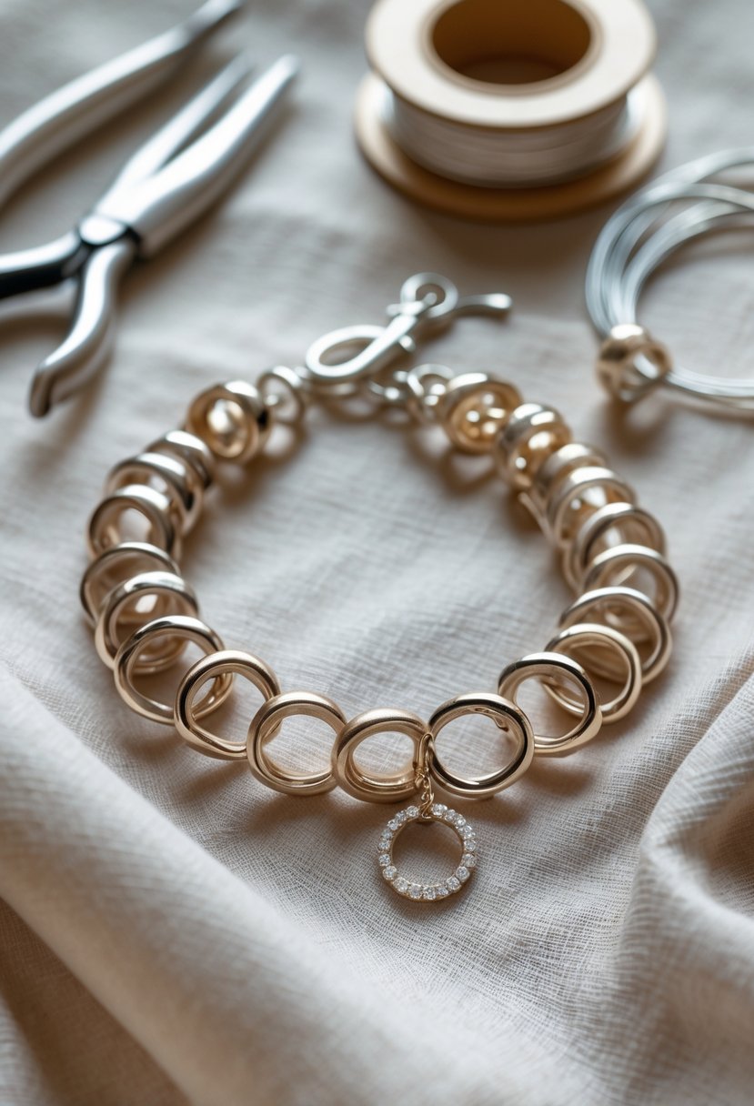 Close-up of a charm bracelet made from polished metal wedding rings displayed on fabric with jewelry-making tools nearby.