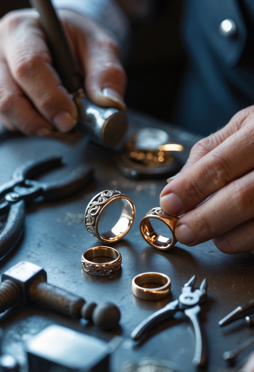 Close-up of hands crafting personalized cufflinks from old wedding rings on a jeweler's workbench.