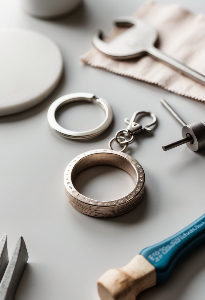 A keychain made from a flattened wedding band displayed with small crafting tools on a neutral surface.