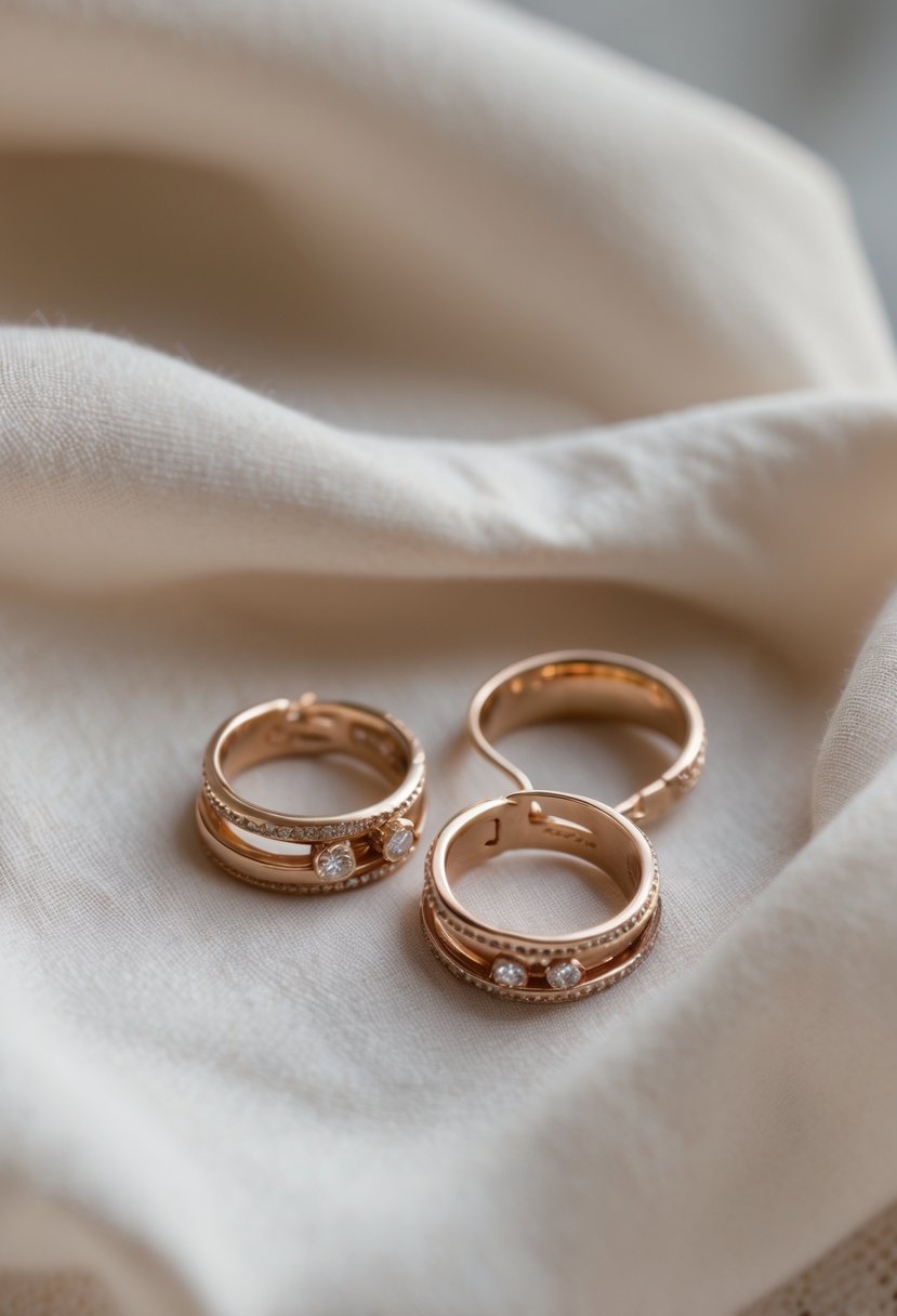 A pair of earrings made from old wedding rings displayed on soft fabric.