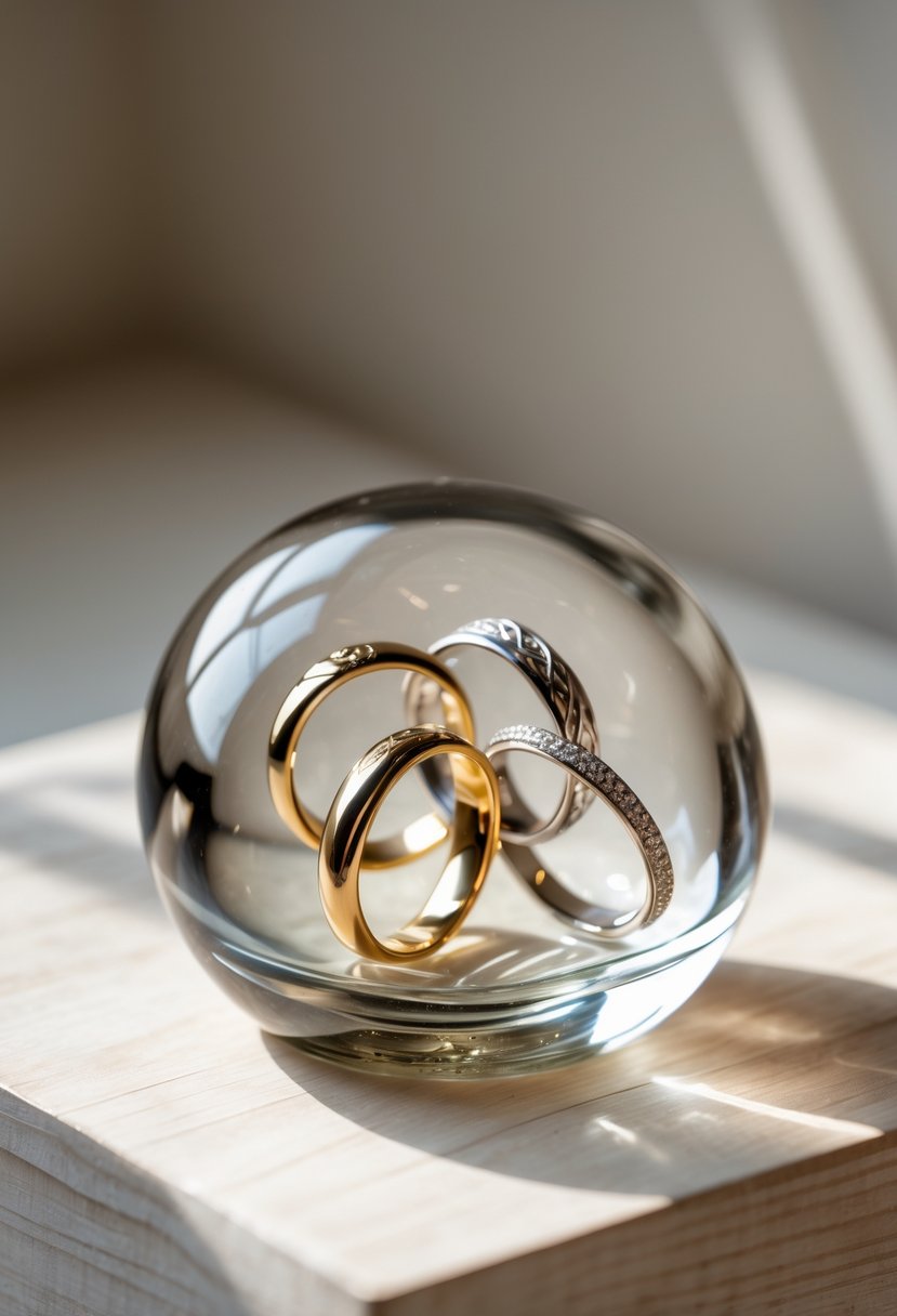 A clear glass paperweight encasing several intertwined wedding rings on a wooden surface.