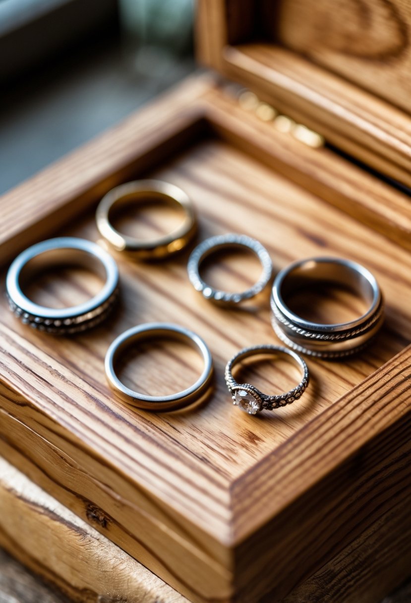 A wooden keepsake box lid with old wedding rings embedded into the surface.