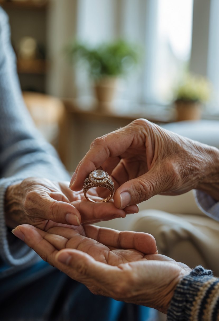 An elderly person passing an old wedding ring to a younger person’s hands indoors.
