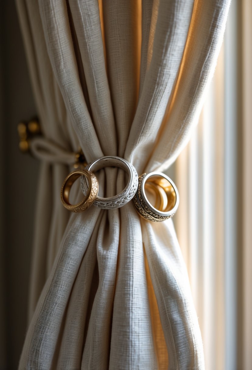 Curtains tied back with old wedding rings used as decorative tiebacks, with soft natural light illuminating the scene.