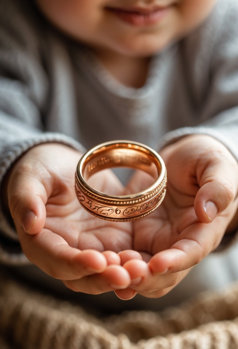 A child's hands holding an old engraved wedding ring, symbolizing a special date and a meaningful gift.