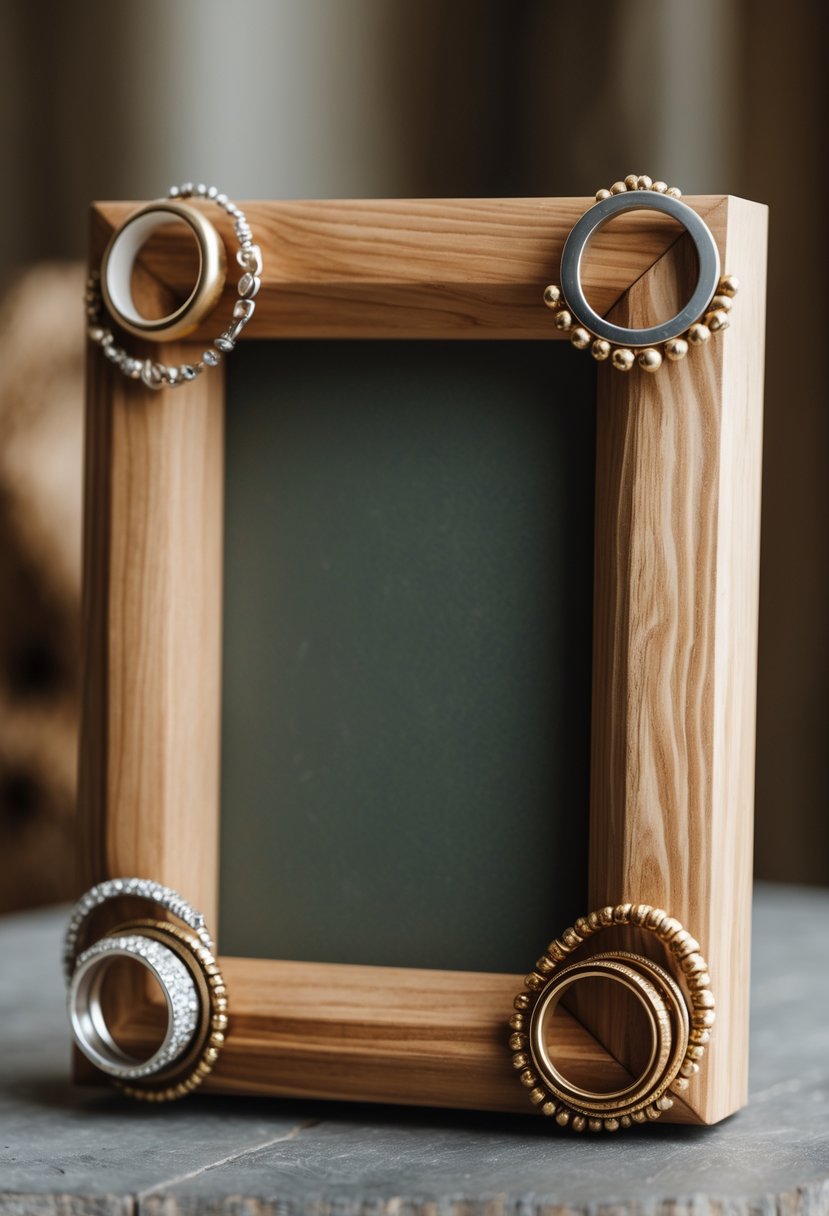 A wooden photo frame decorated at each corner with old wedding rings placed as accents.