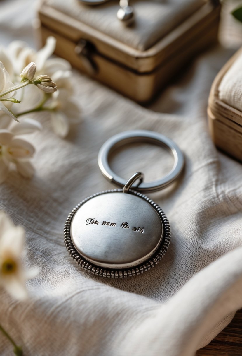 A close-up of a polished metal keychain made from an old wedding ring, resting on soft fabric with a vintage jewelry box and flowers nearby.
