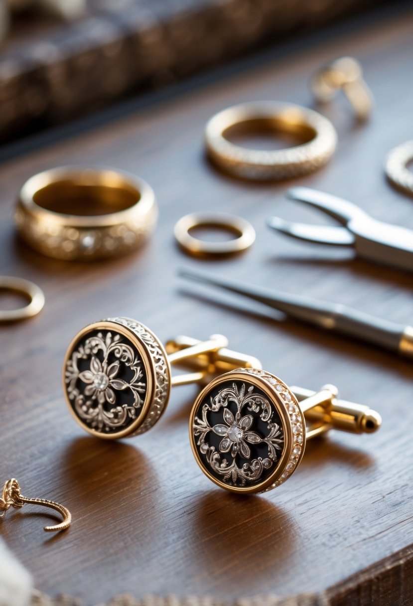 A pair of cufflinks made from old wedding rings displayed on a wooden surface with jewelry tools nearby.