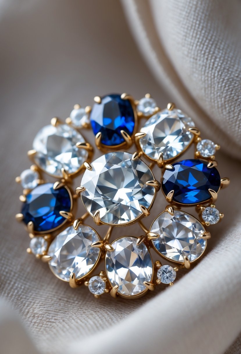 Close-up of a brooch made from old wedding ring stones placed on soft fabric.
