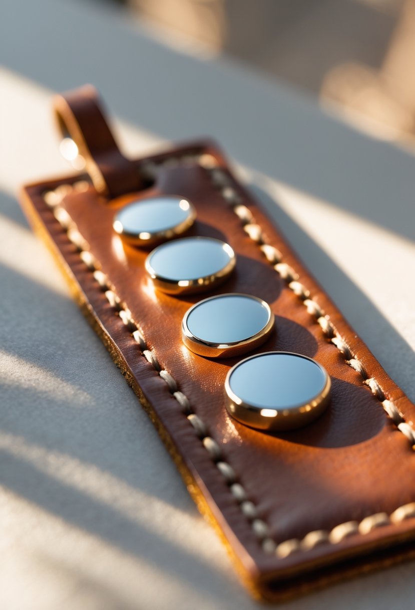Close-up of a leather bookmark with inlaid metal parts from old wedding rings on a neutral background.