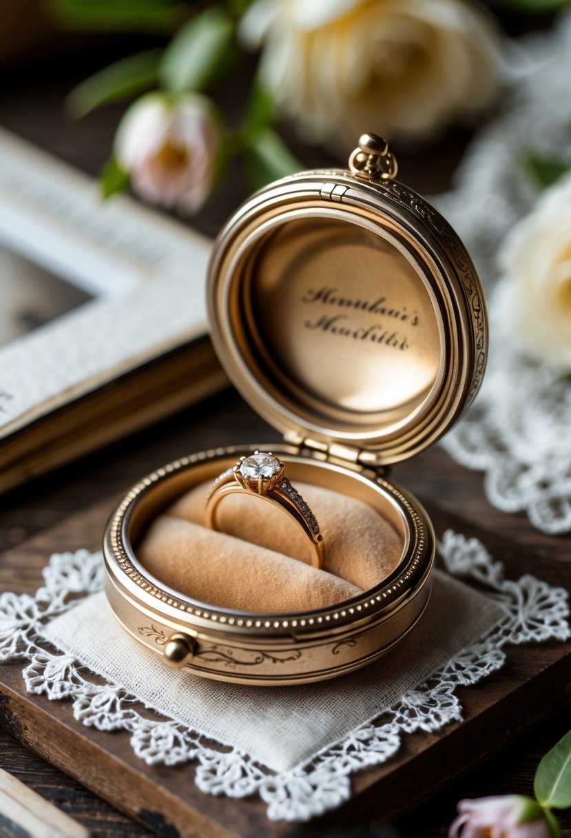 An open keepsake locket frame holding an old wedding ring on a wooden surface with vintage photographs and lace nearby.