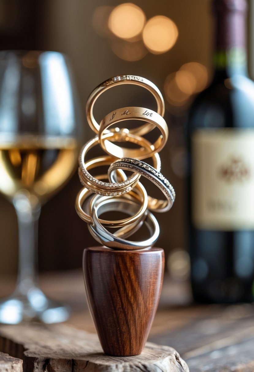 A decorative wine bottle stopper made from old wedding rings placed on a wooden table with a wine bottle and glass in the background.