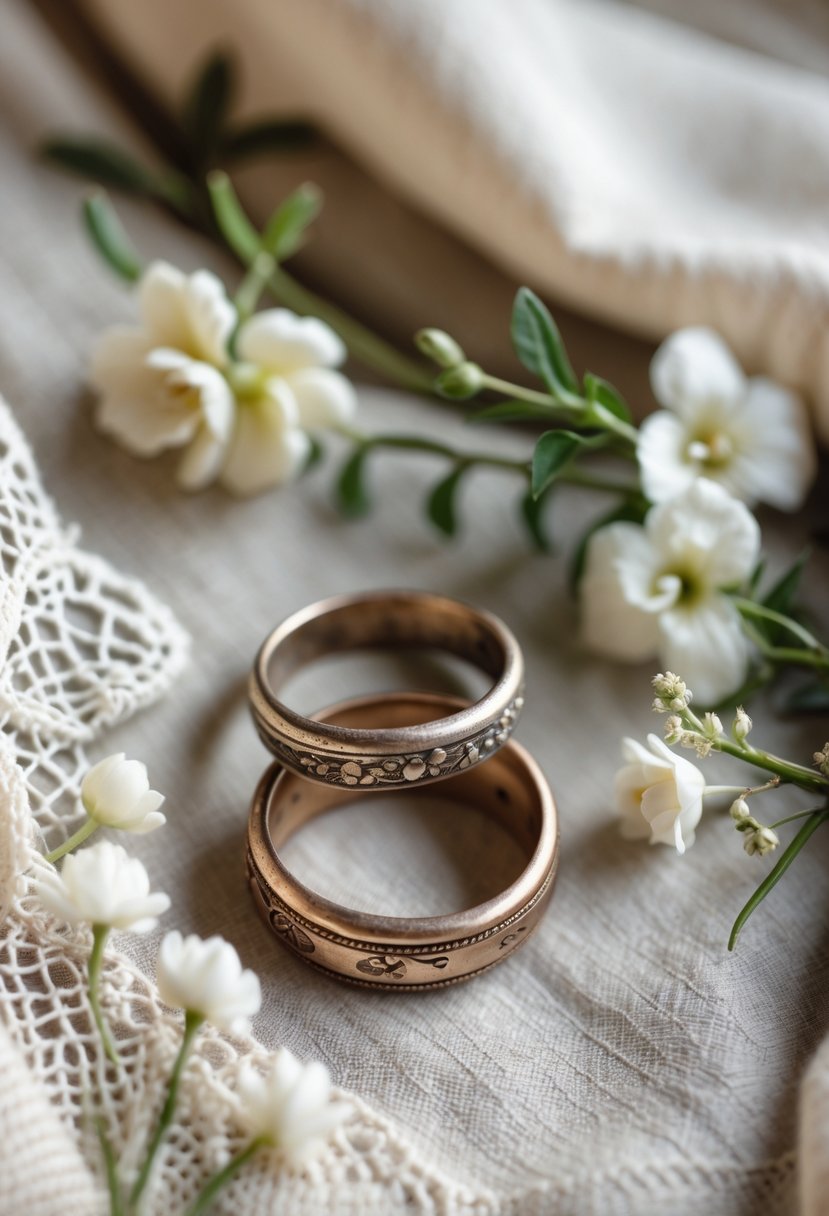 Close-up of a pair of old wedding rings placed on soft fabric with white flowers and greenery nearby.