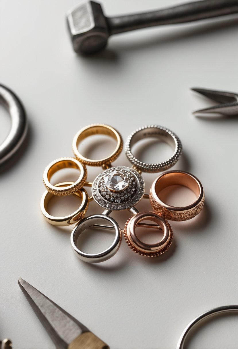 Close-up of a brooch made by attaching old wedding rings to a pin base, with craft tools nearby on a neutral background.