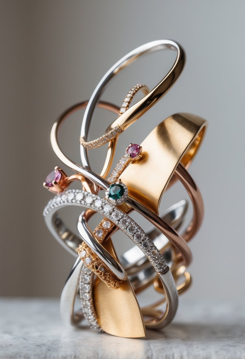 Close-up of a mixed-metal modern art piece made from old wedding rings and heirloom jewelry displayed on a neutral background.