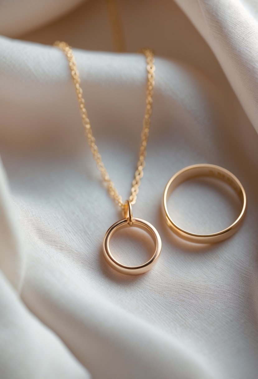 A delicate pendant necklace made from an old wedding ring resting on soft fabric with the original ring beside it.