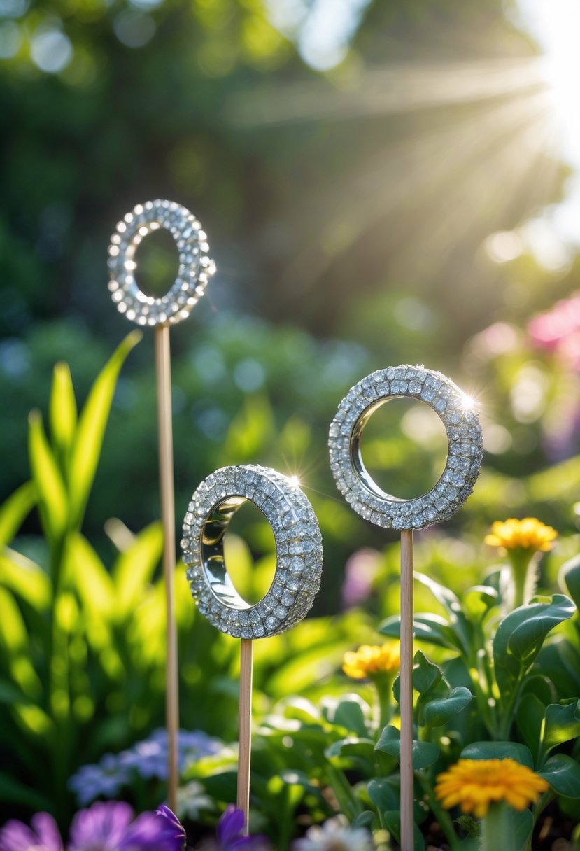 Close-up of garden markers made from shiny ring fragments placed among green plants and colorful flowers in a sunlit garden.