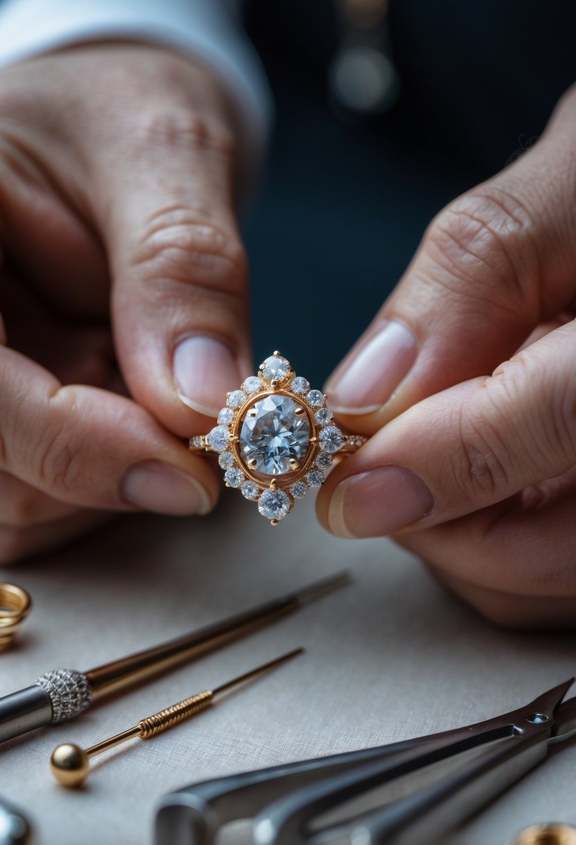 Close-up of hands setting gemstones into a custom anniversary ring with jewelry tools nearby.