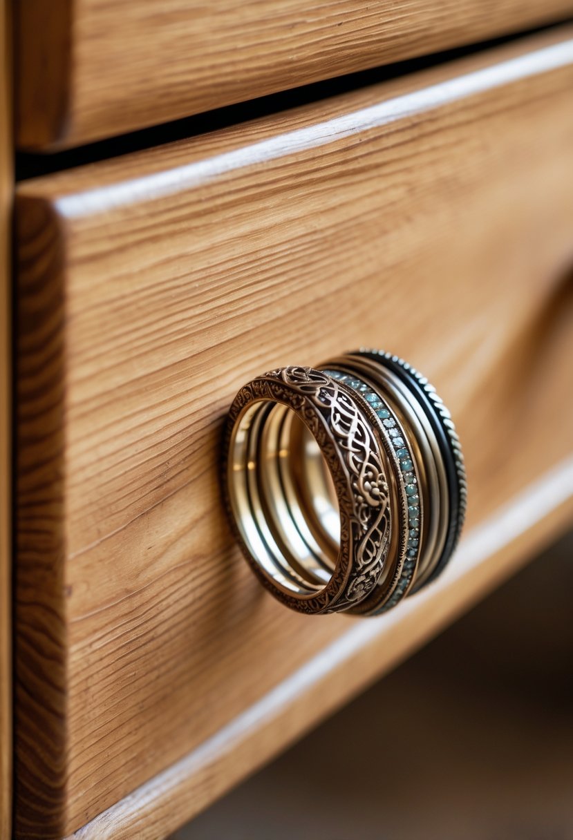 Close-up of a wooden drawer with a handle made from intertwined old wedding rings.