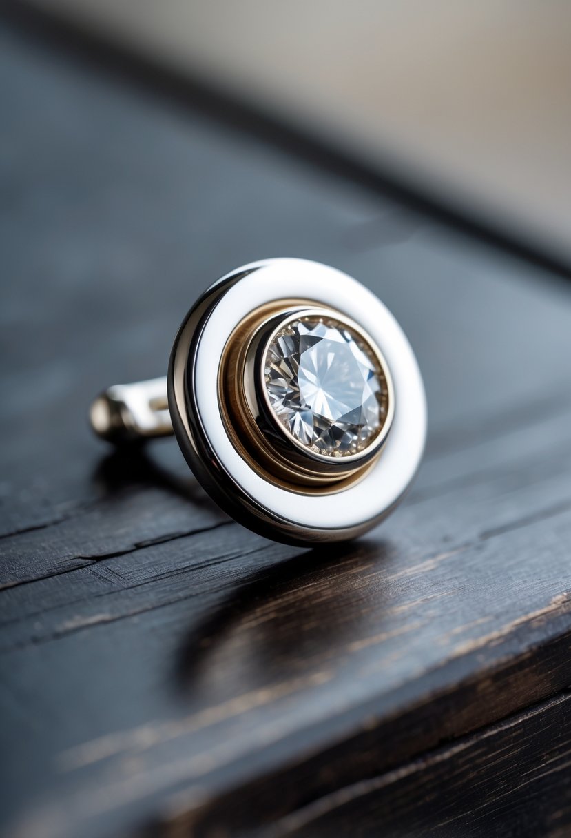 A close-up of a stylish tie tack made from an old wedding ring, placed on a wooden surface.