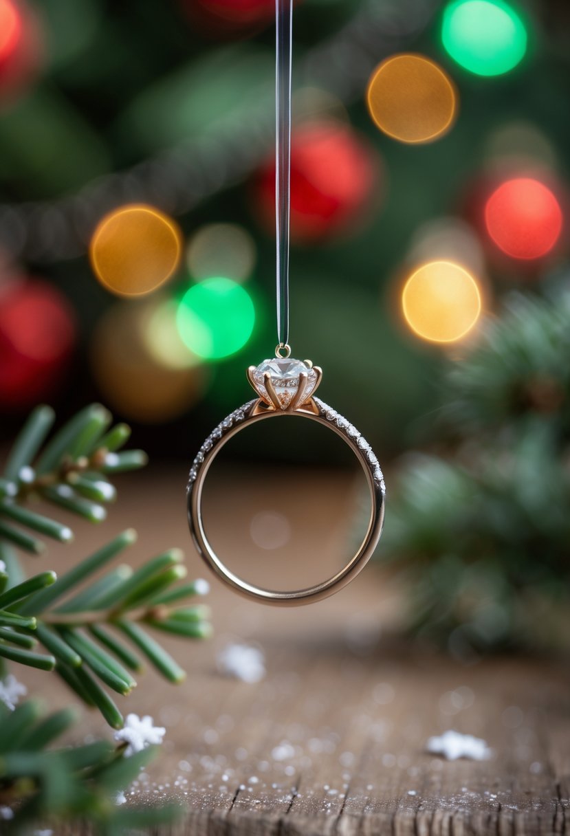 A Christmas ornament made by hanging an old wedding ring with holiday lights and pine branches in the background.