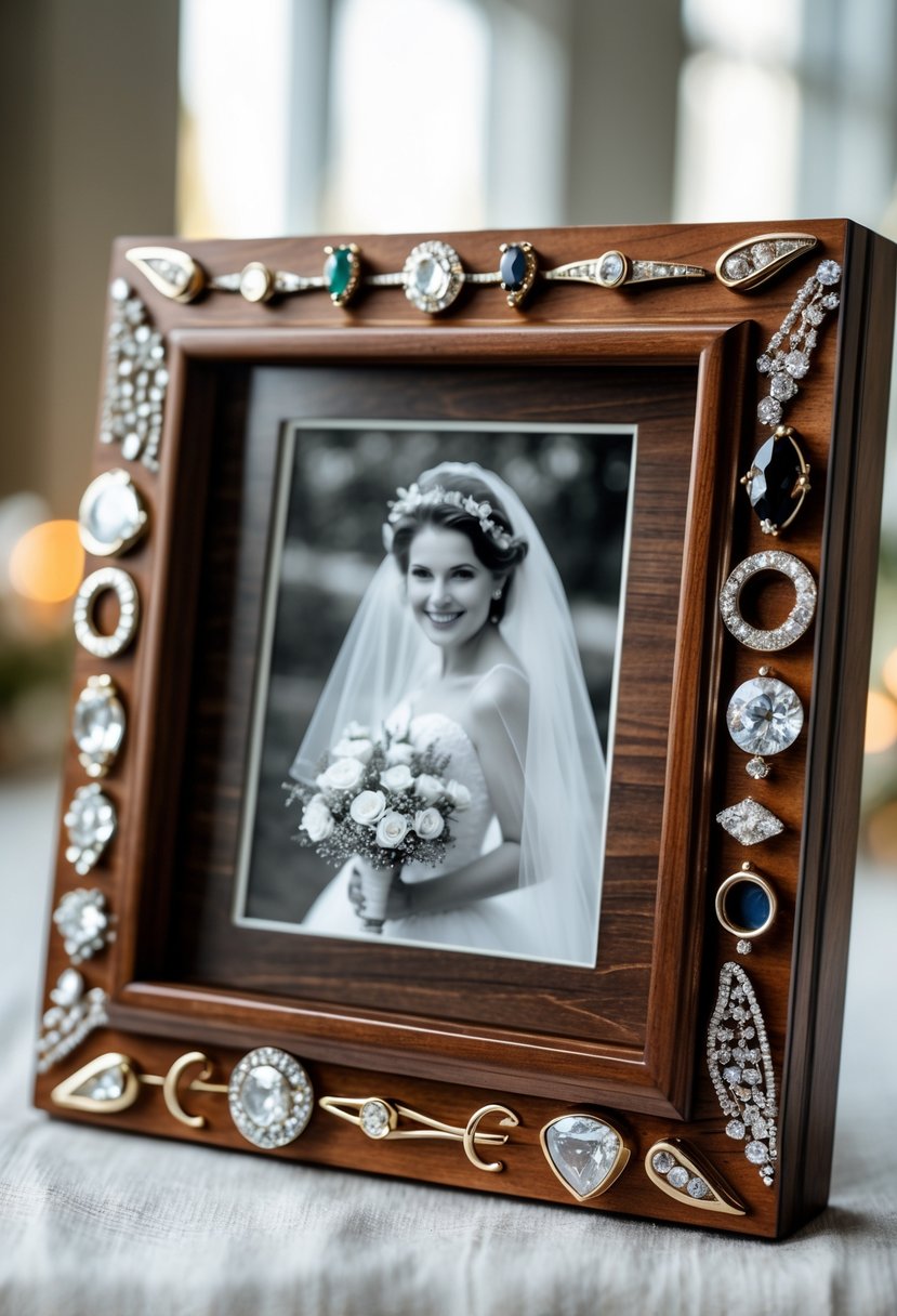 A wooden photo frame decorated with pieces of old wedding rings surrounding a black-and-white wedding photo.